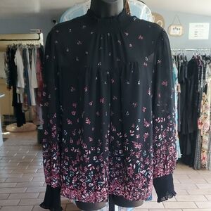 Ariat Black and Pink Ruffled Blouse with Mandarin Collar, M